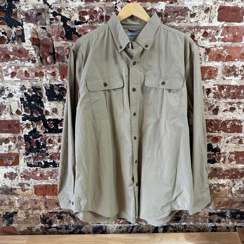 Carhartt Mens Large Tan brown Workwear Long Sleeve Button Up